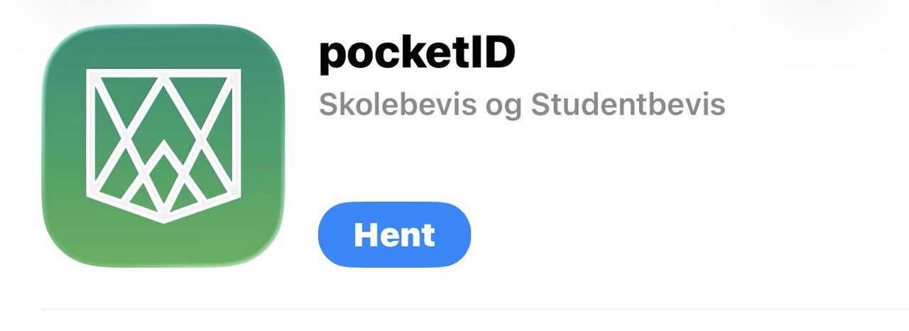 Bilde av logoen til PocketID. Teksten "pocketID Skolebevis og Studentbevis". Lenkeknapp med teksten "Hent".