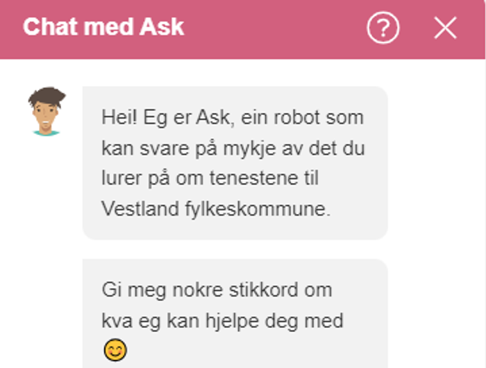 Chatboten Ask beskriv kva han kan hjelpe med