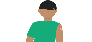 Teikning av ein gut med grøn t-skjorte der det venstre ermet er trekt opp. Han har ein bomullsdott festa med eit plaster på overarmen.