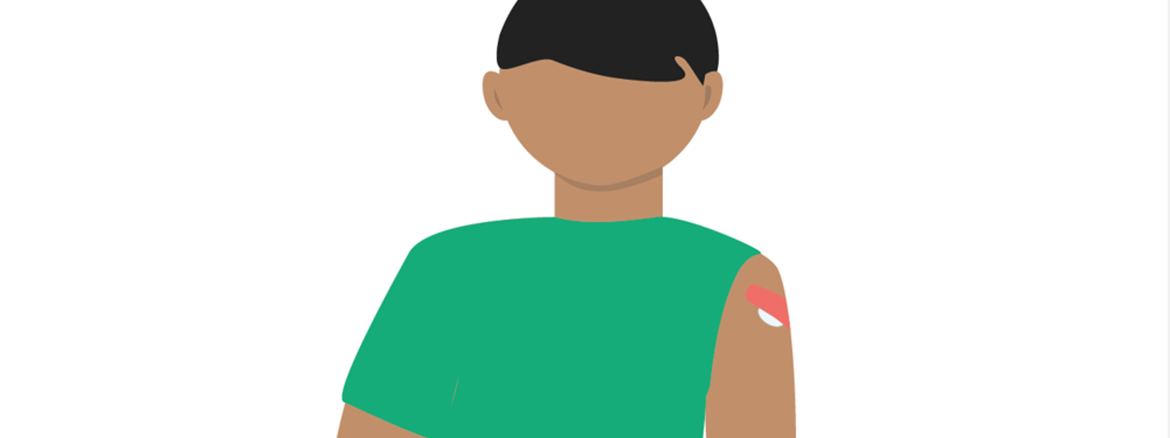Teikning av ein gut med grøn t-skjorte der det venstre ermet er trekt opp. Han har ein bomullsdott festa med eit plaster på overarmen.