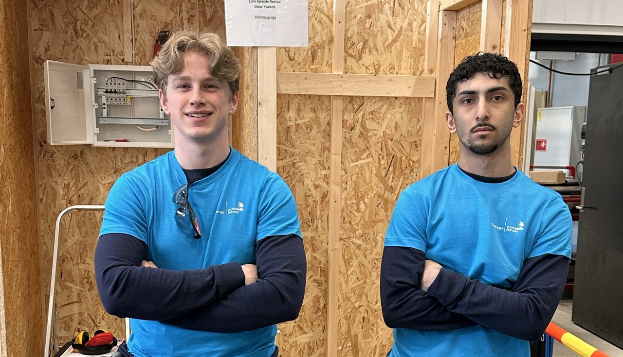 Lars og Didar, i arbeidsklede, klare for konkurranse. I bakgrunnen ein vegg med blant anna eit tomt sikringsskap.