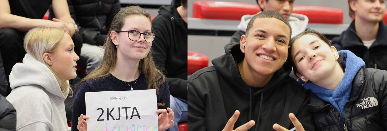 Fire personar frå publikum. Ei held ein plakat: "2KJTa Vi elsker dere". Ei anna lener hovudet mot skuldra til sidemannen.